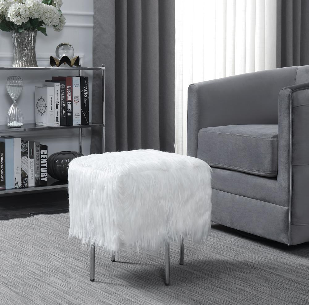 White Faux Sheepskin Ottoman - ATL FURNITURE