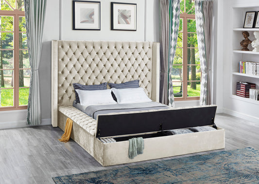 Beige Upholstered Queen Bed w/Storage - ATL FURNITURE