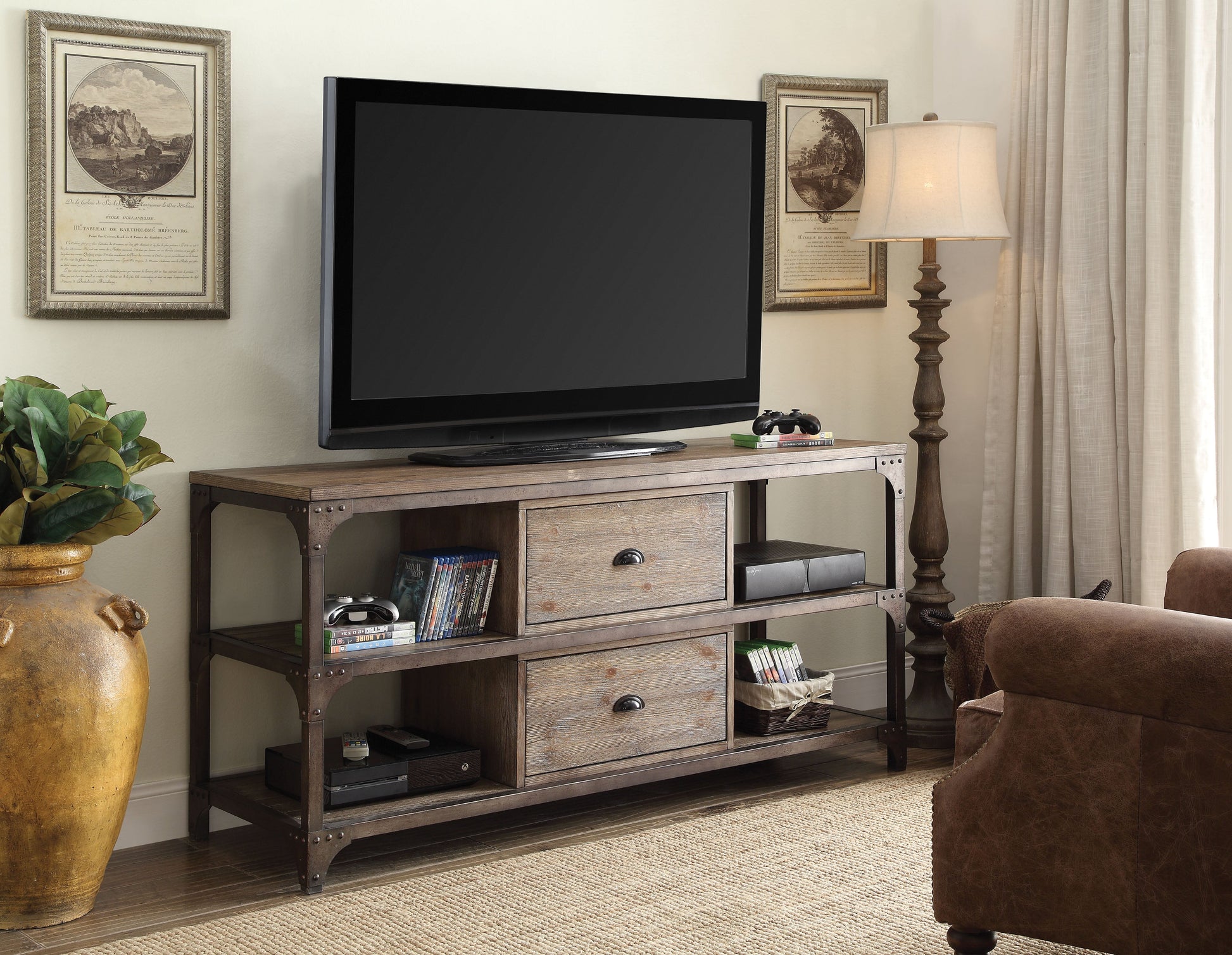 Gorden Weathered Oak & Antique Silver TV Stand - ATL FURNITURE