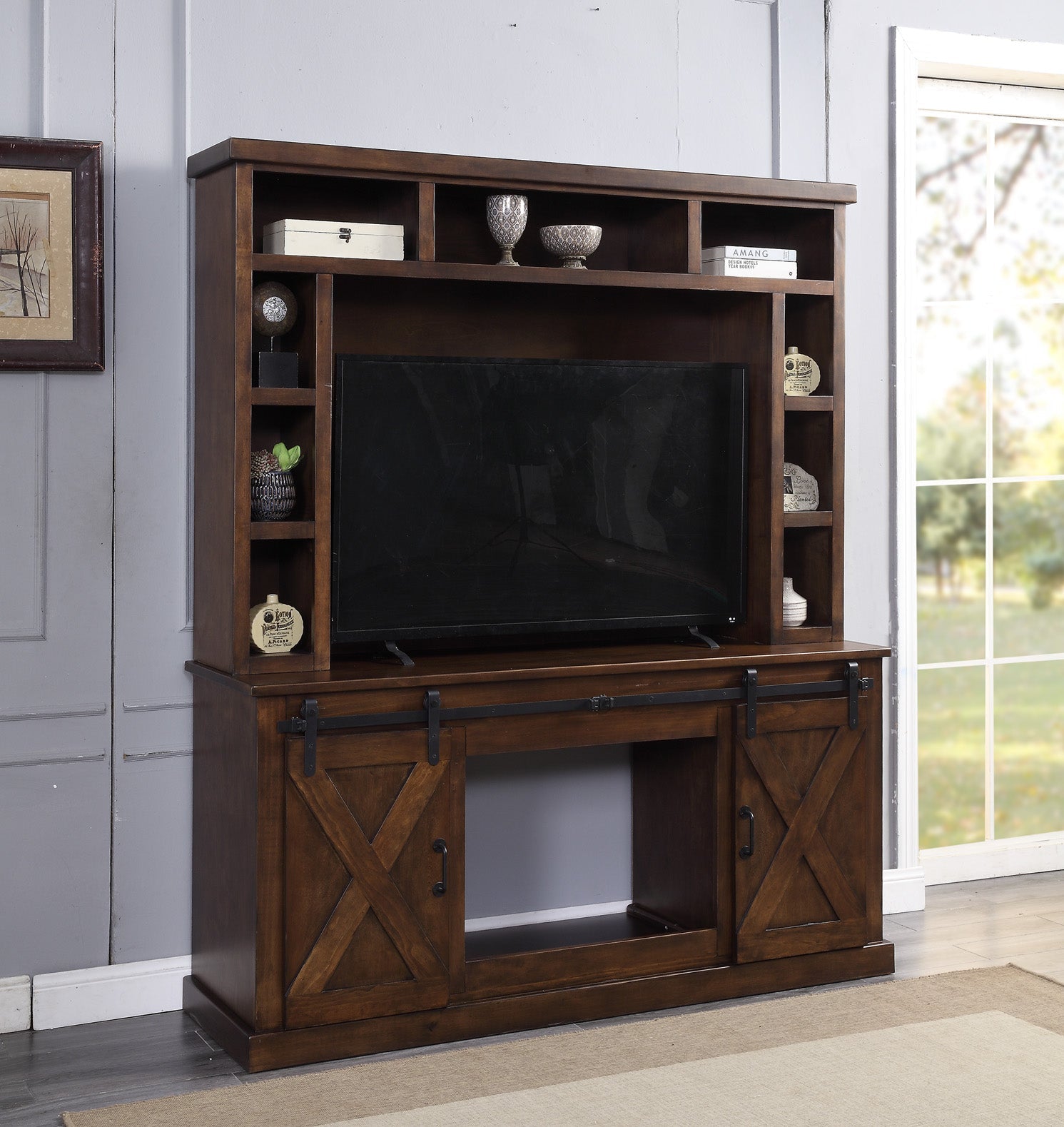 Aksel Walnut Entertainment Center w/Fireplace - ATL FURNITURE