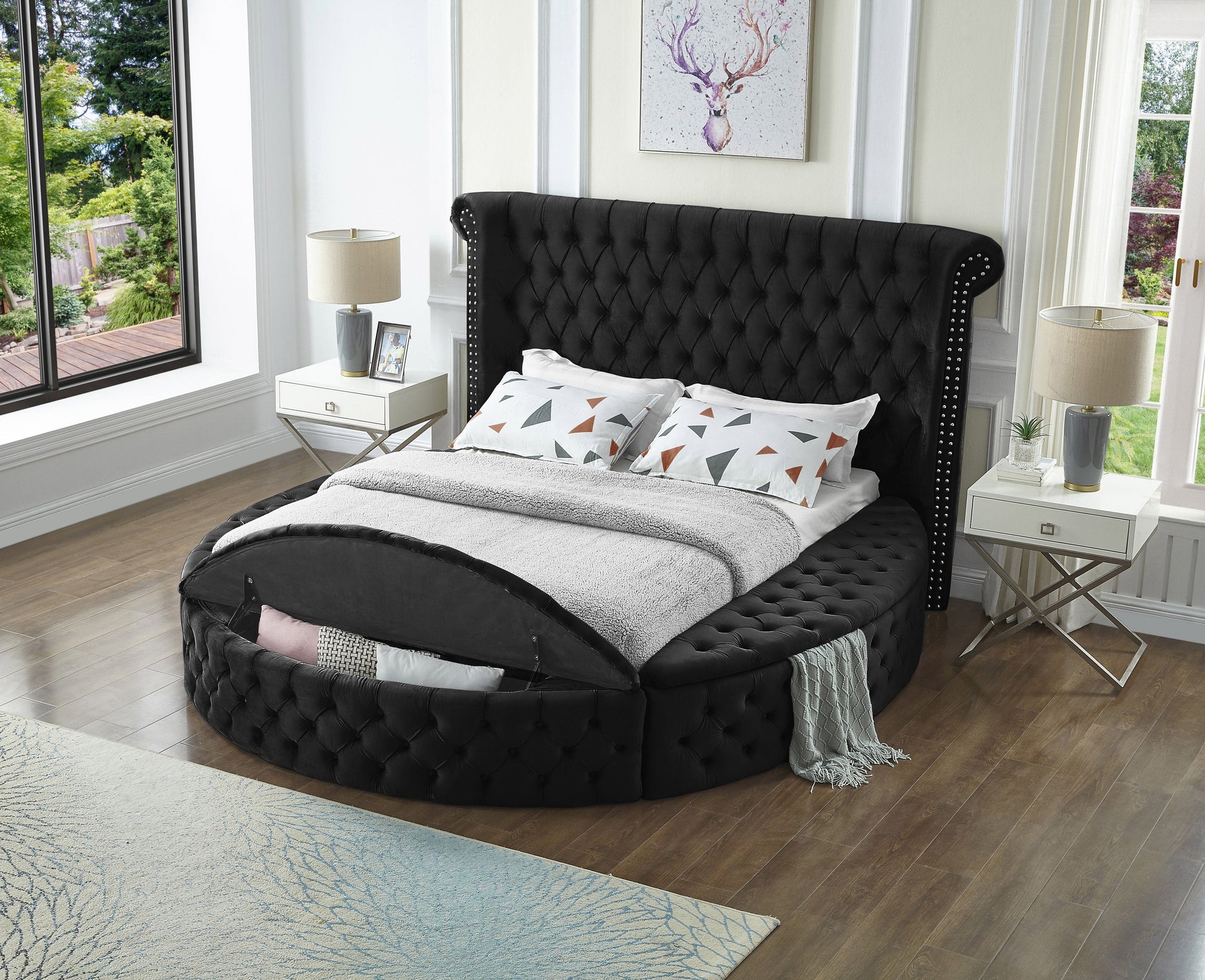 Black Round Upholstered Queen Bed w/Storage - ATL FURNITURE