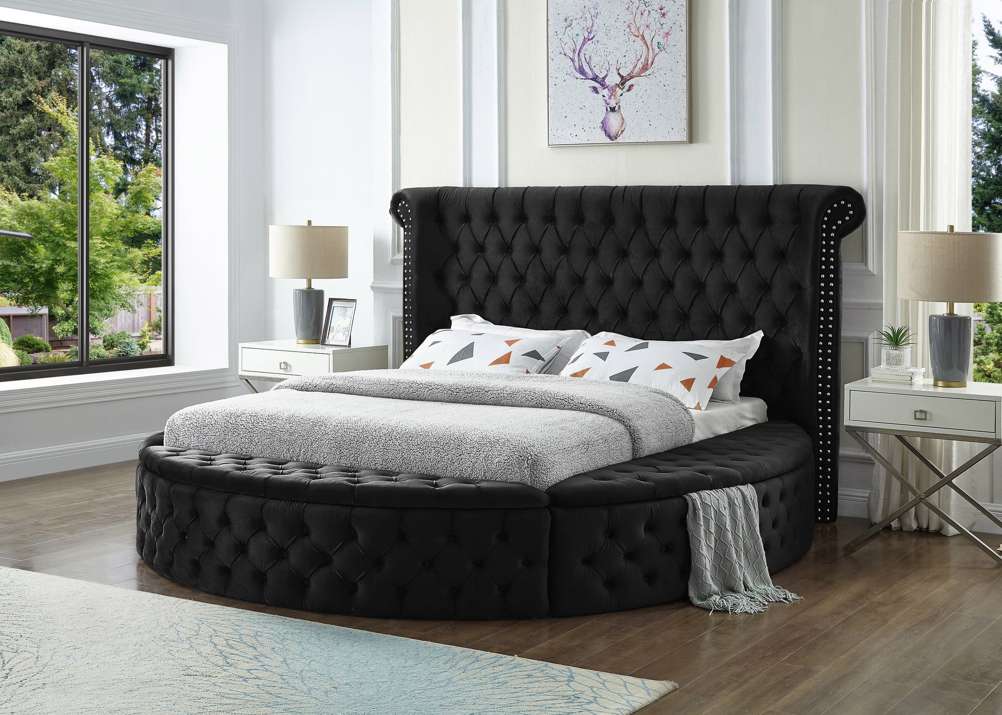 Black Round Upholstered Queen Bed w/Storage - ATL FURNITURE