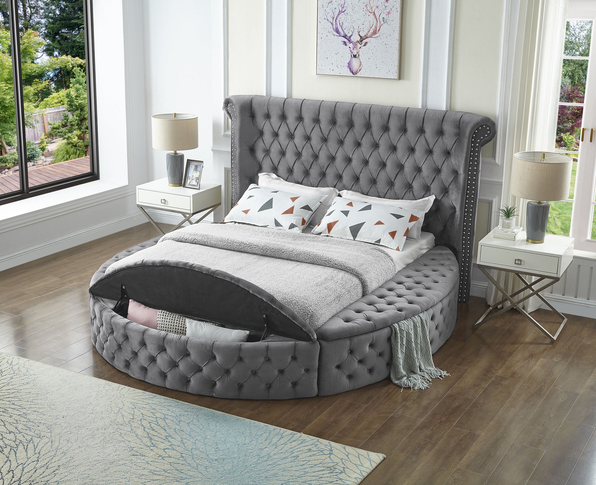 Gray Round King Upholstered Bed w/Storage - ATL FURNITURE