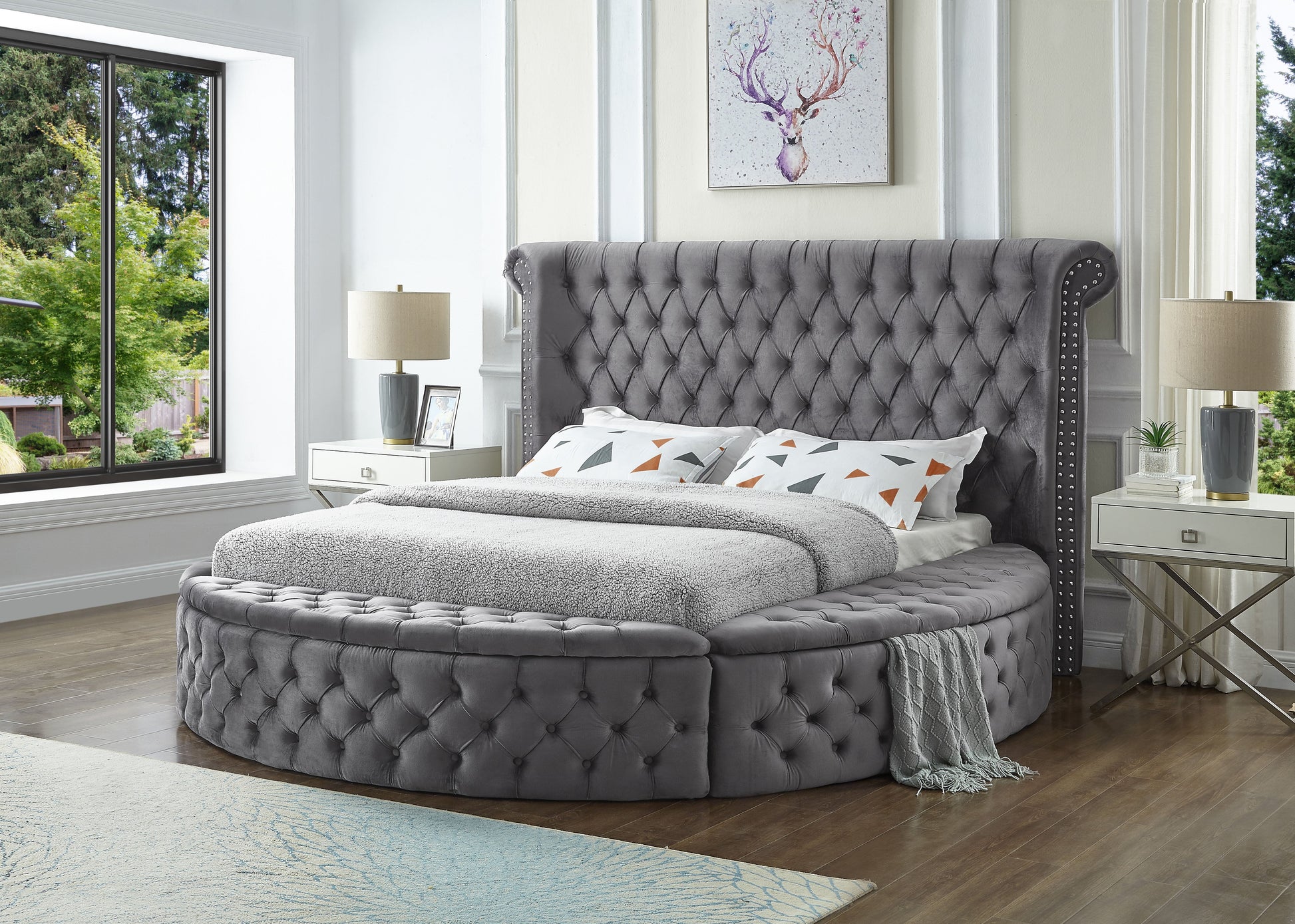 Gray Round King Upholstered Bed w/Storage - ATL FURNITURE