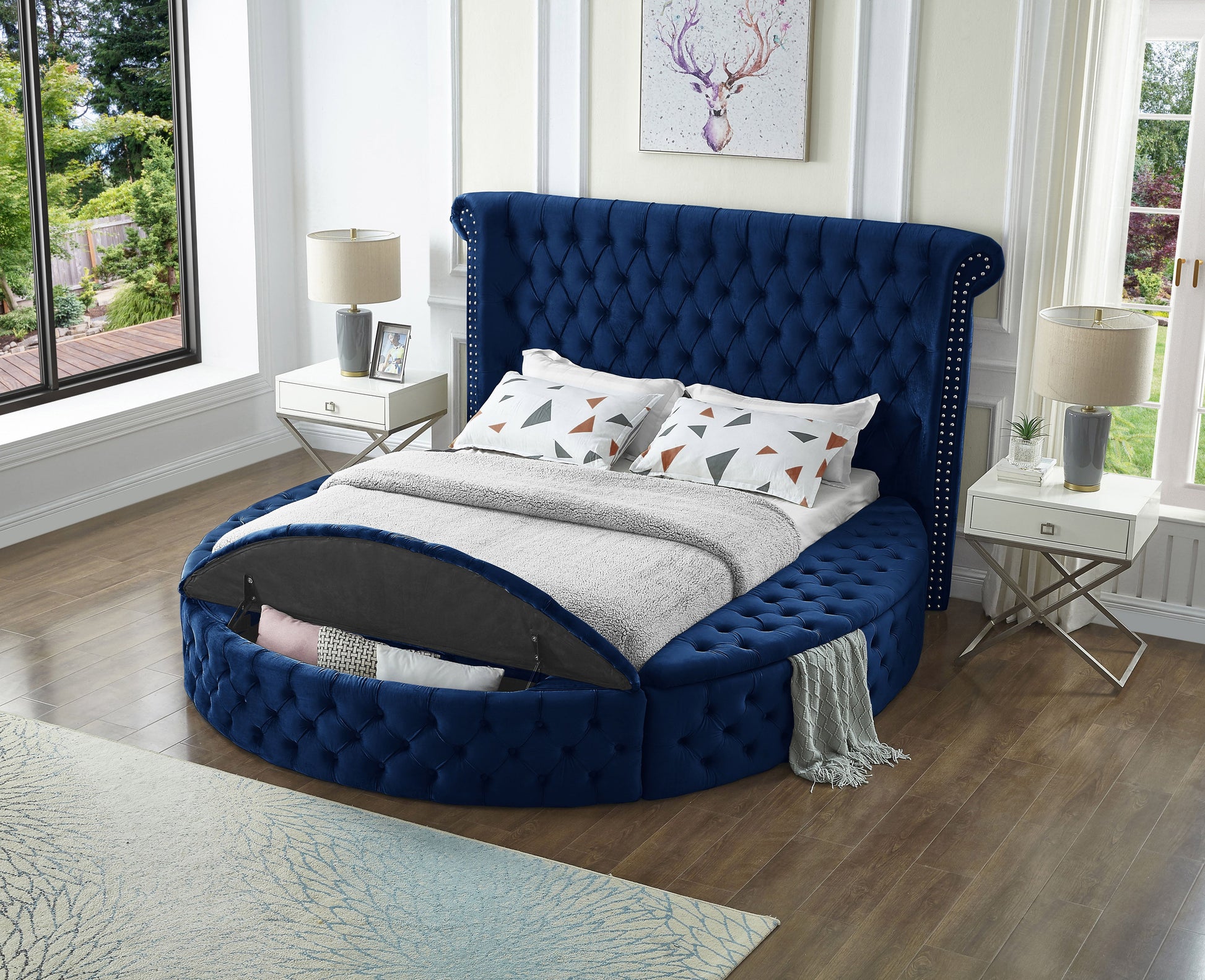 Navy Round King  Upholstered Bed w/Storage - ATL FURNITURE