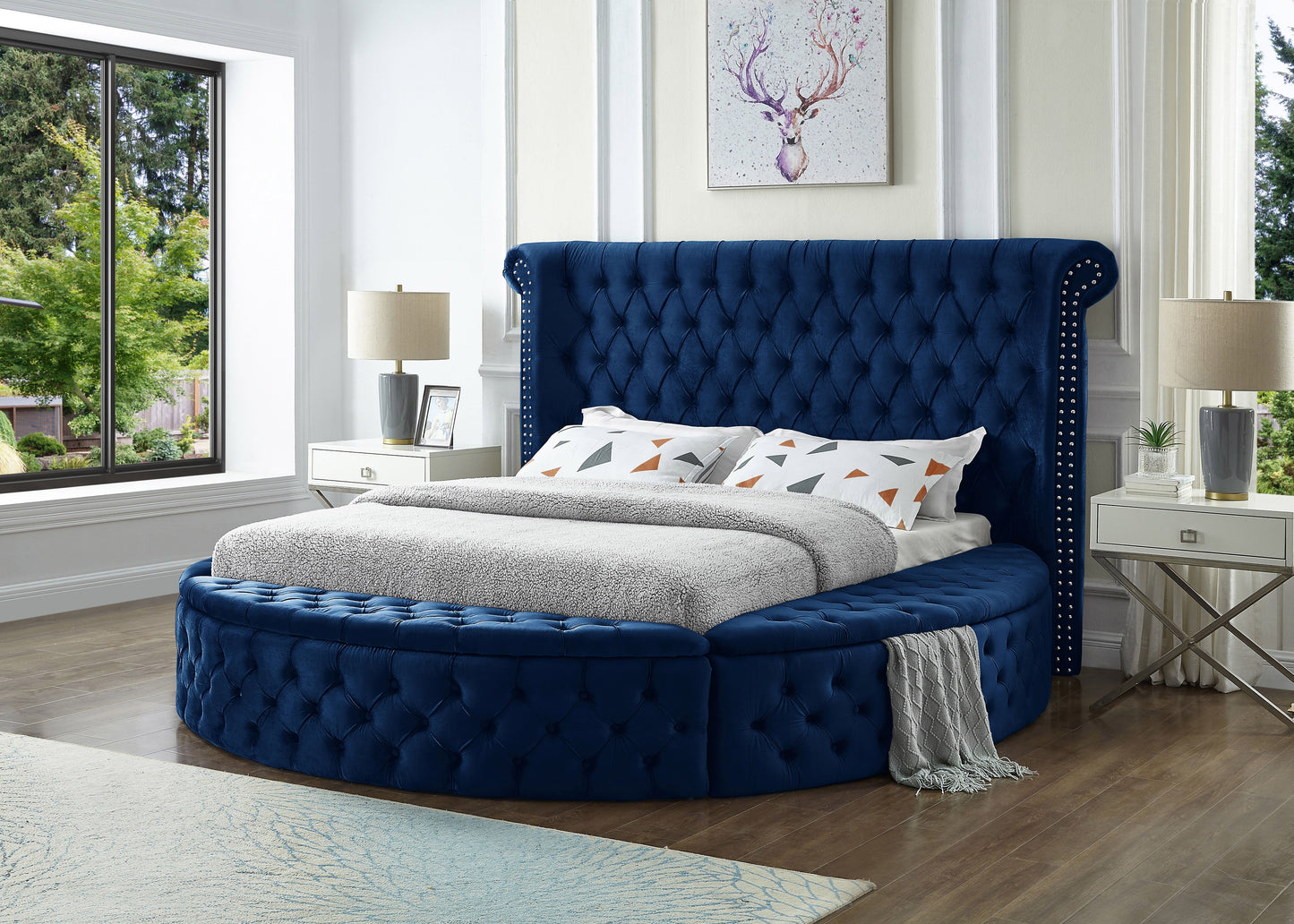 Navy Round King  Upholstered Bed w/Storage - ATL FURNITURE