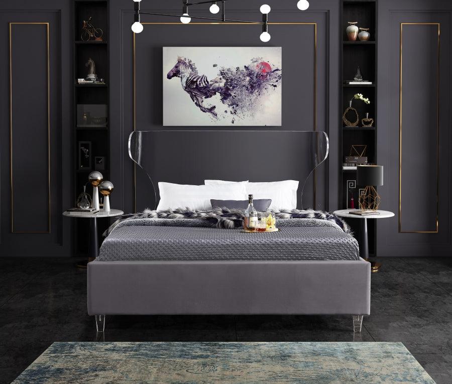 Ghost Velvet Queen Bed In Grey - Ghostgrey-Q - ATL FURNITURE