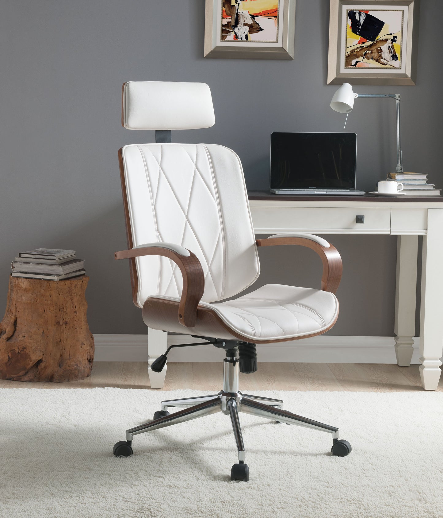 Yoselin White PU & Walnut Office Chair - ATL FURNITURE