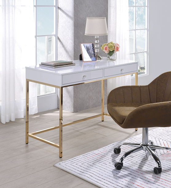 Ottey White High Gloss & Gold Desk - ATL FURNITURE