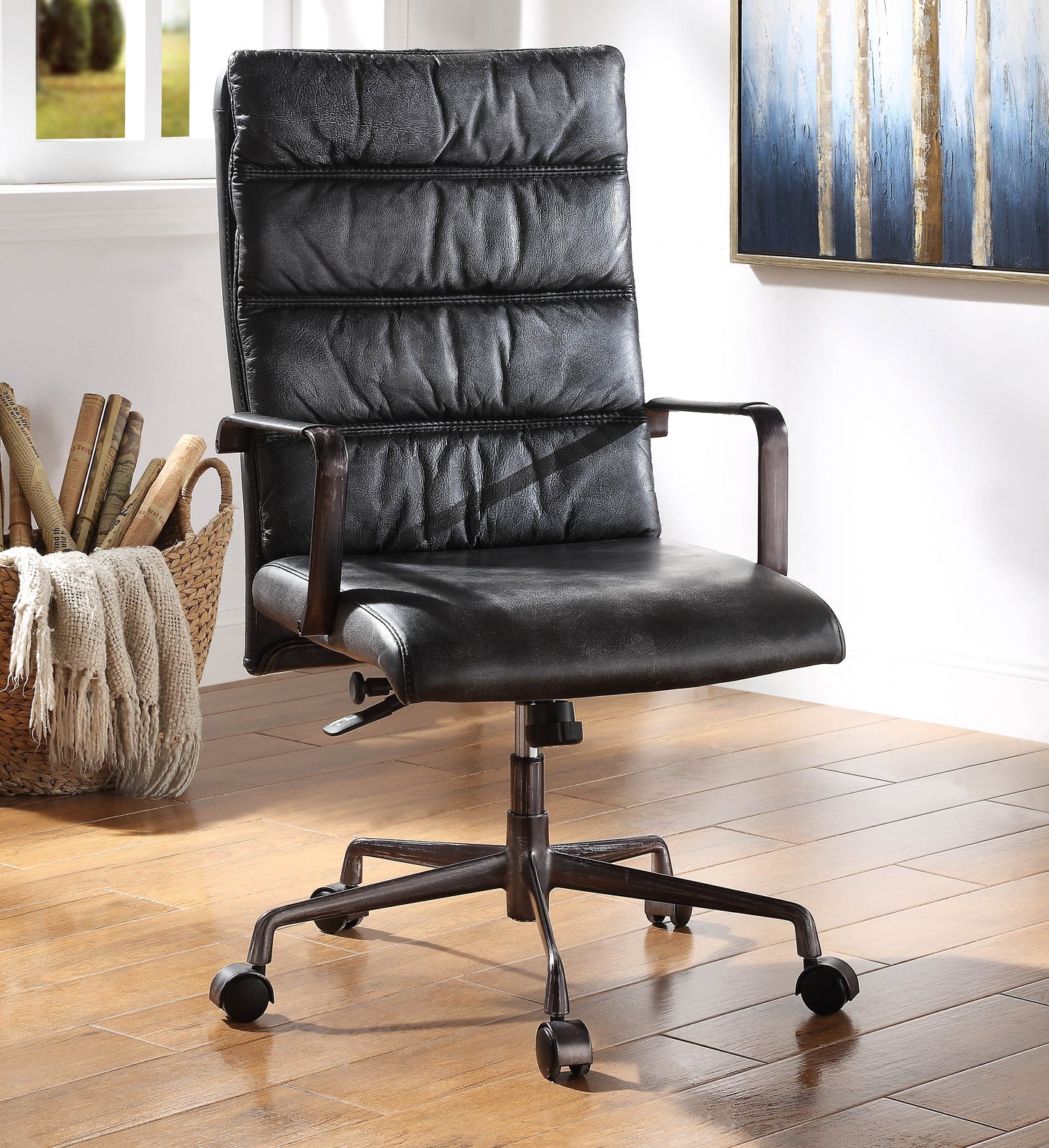 Jairo Vintage Black Top Grain Leather Office Chair - ATL FURNITURE