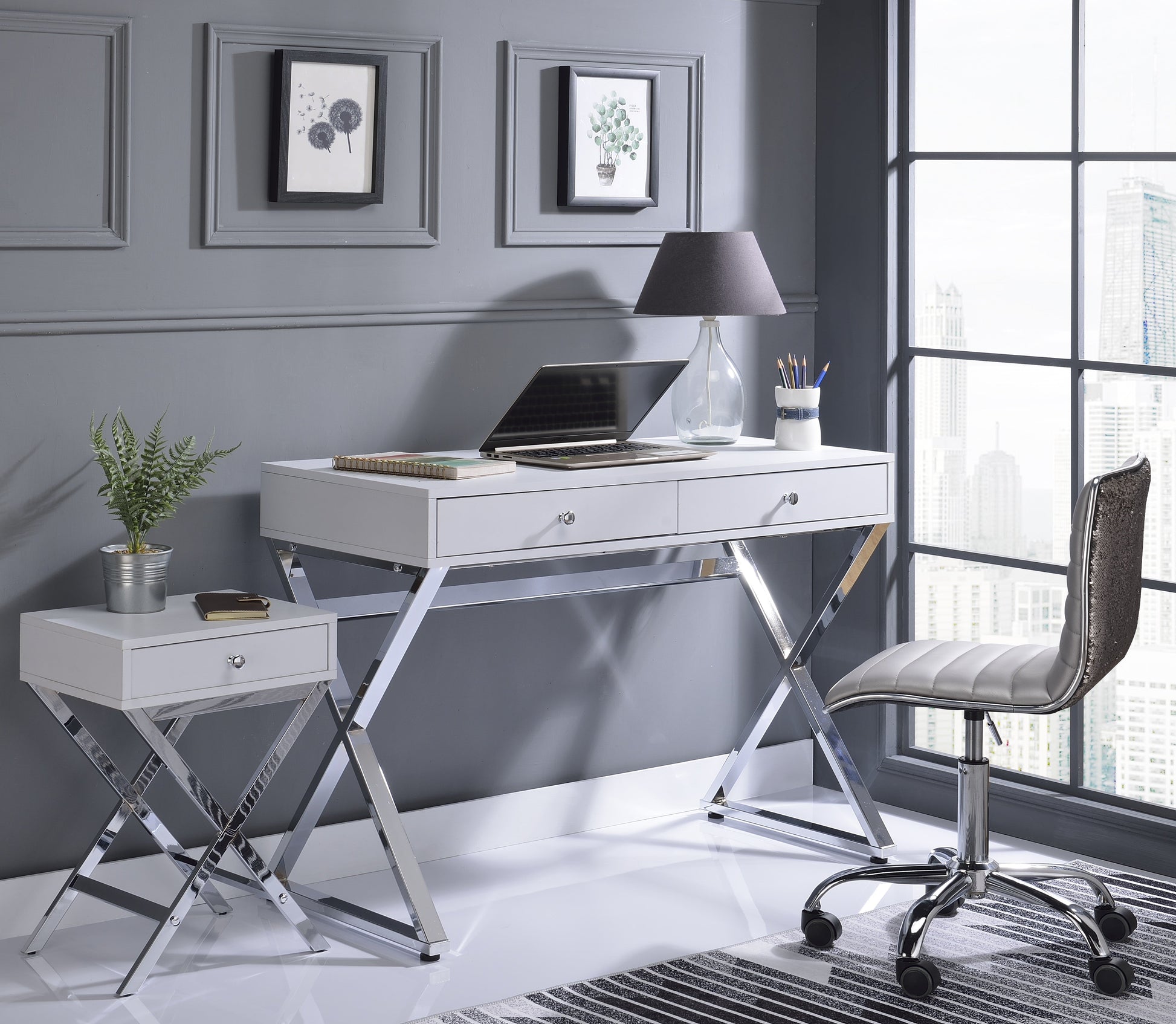 Coleen White & Chrome Desk - ATL FURNITURE