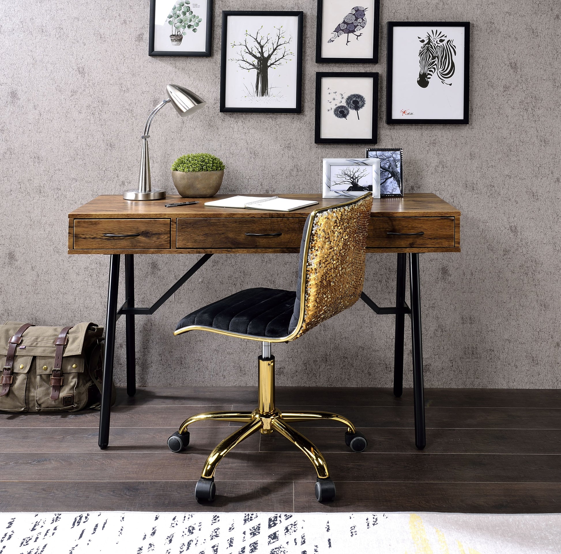 Jalia Rustic Oak & Black Desk - ATL FURNITURE