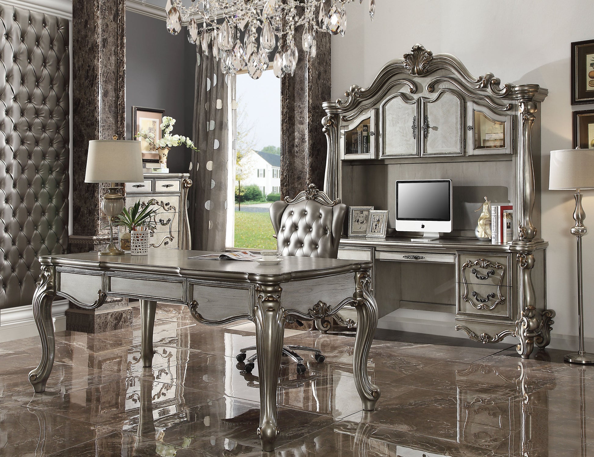 Versailles Antique Platinum Computer Desk & Hutch - ATL FURNITURE