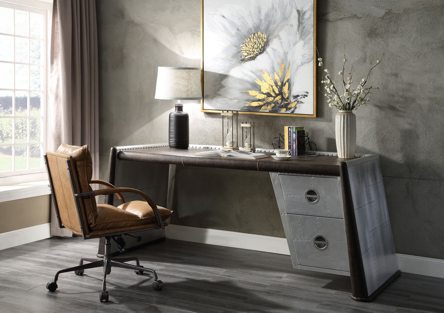 Brancaster Distress Chocolate Top Grain Leather & Aluminum Desk - ATL FURNITURE