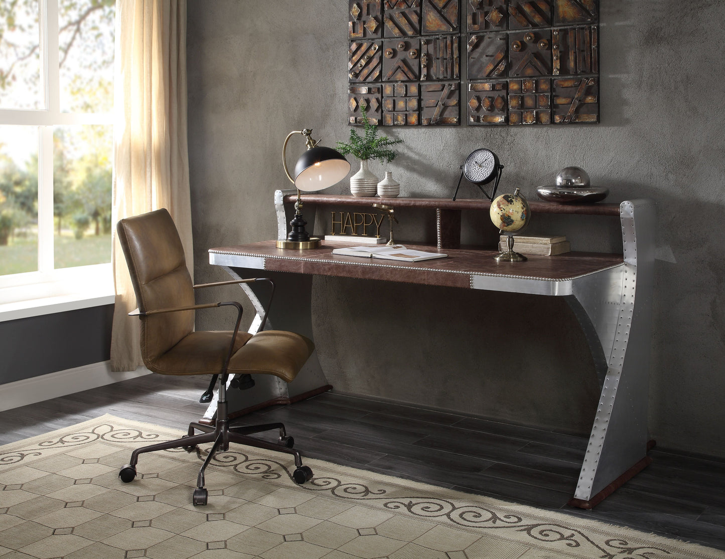 Brancaster Retro Brown Top Grain Leather & Aluminum Desk - ATL FURNITURE