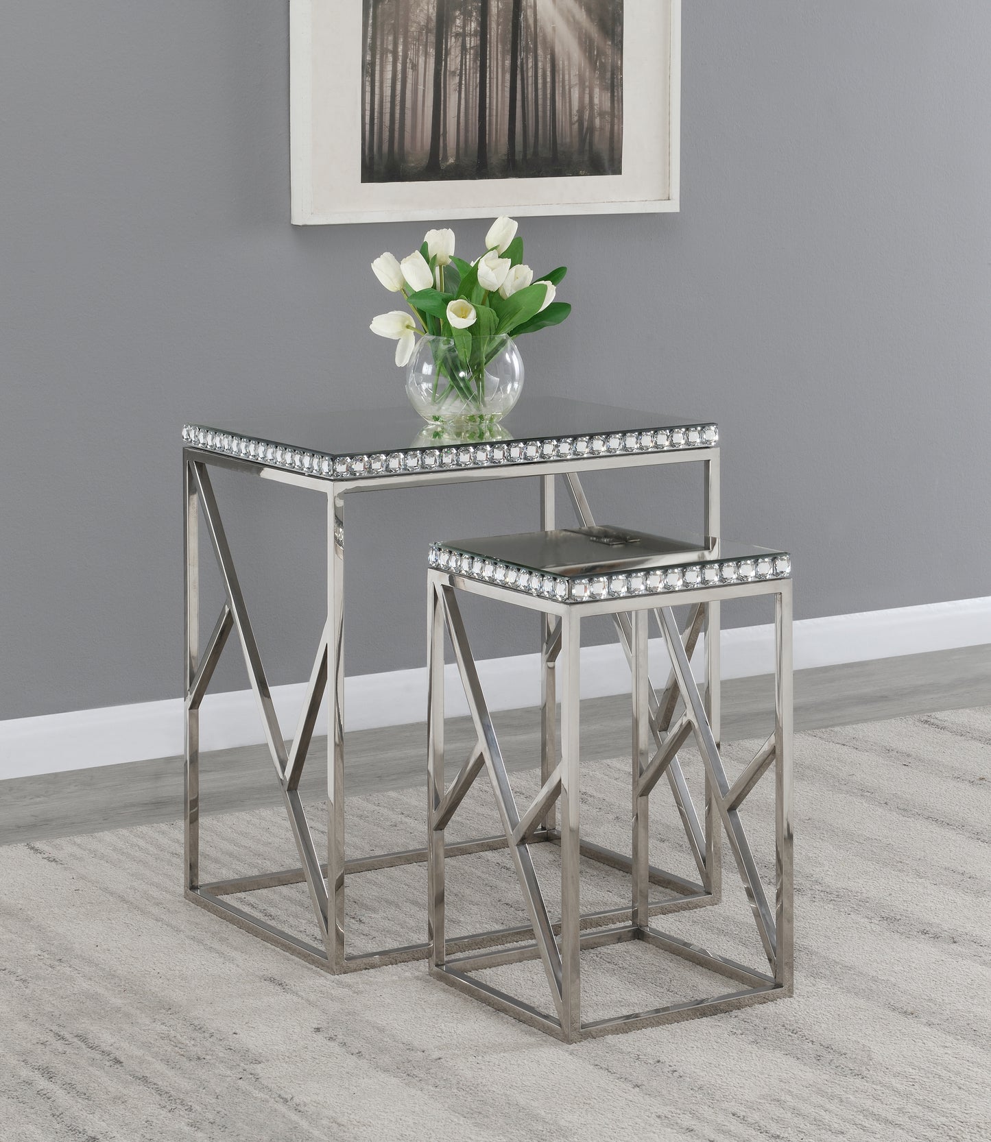 Betsy 2-piece Mirror Top Nesting Tables Silver