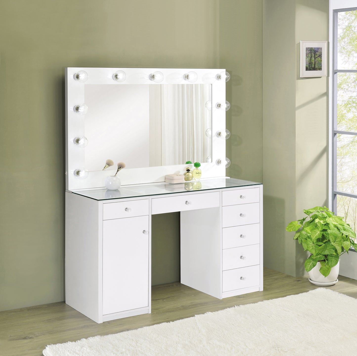 Acena 7-drawer Vanity Set with Lighting White High Gloss