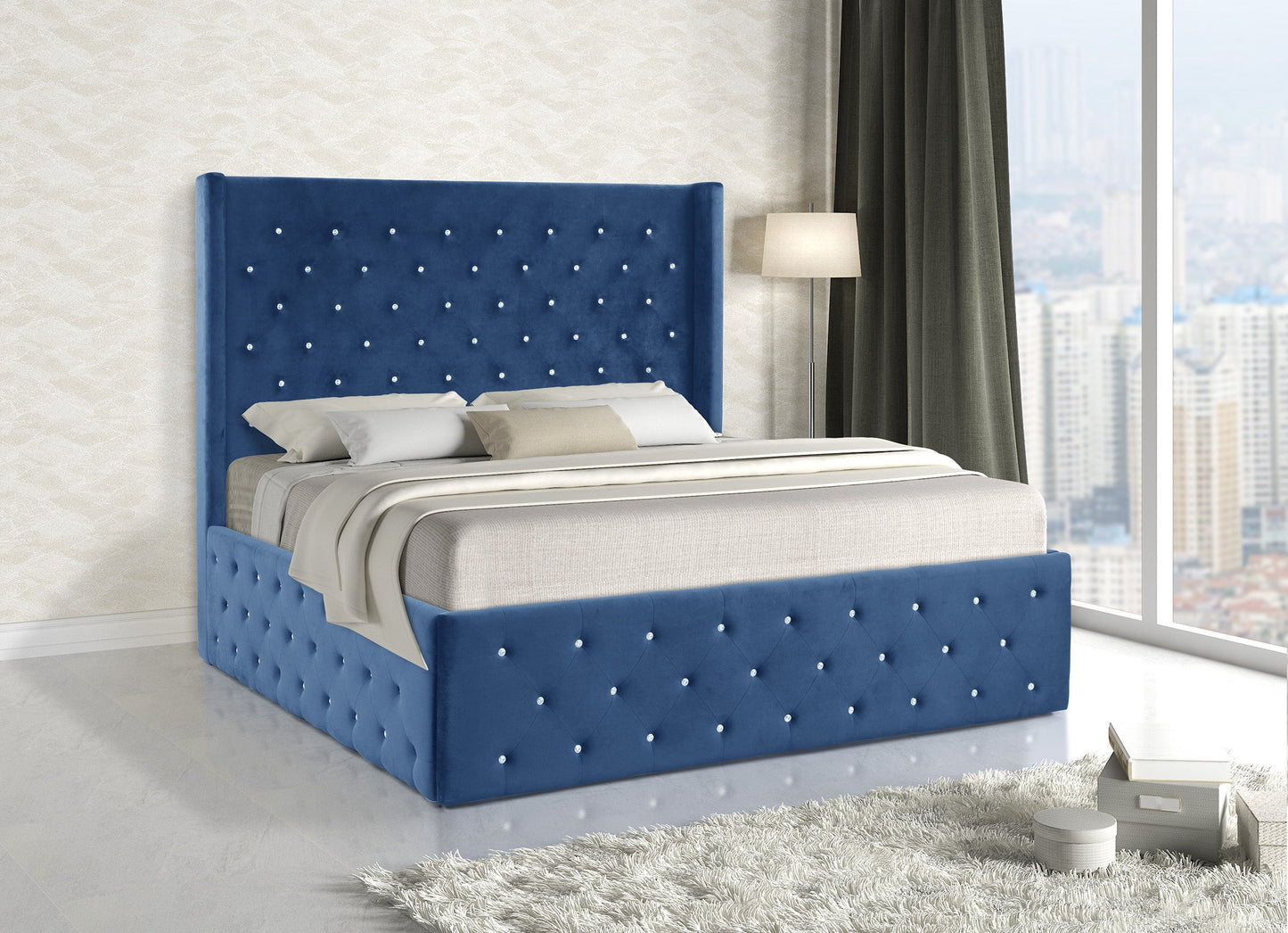 Navy Blue Velvet Platform Queen Bed - ATL FURNITURE