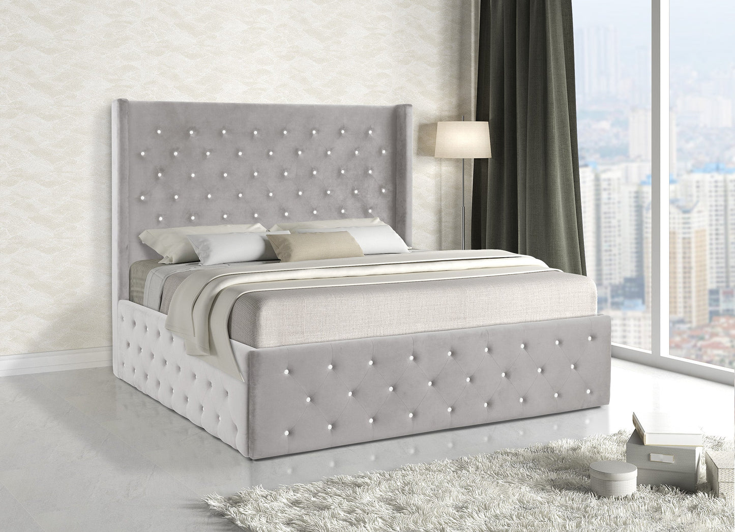 Gray Velvet Platform Queen  Bed - ATL FURNITURE