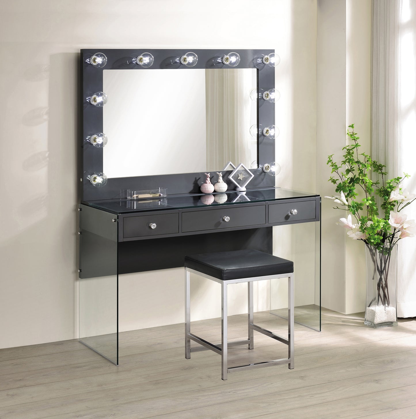 Afshan 3-drawer Vanity Set with Lighting Grey High Gloss