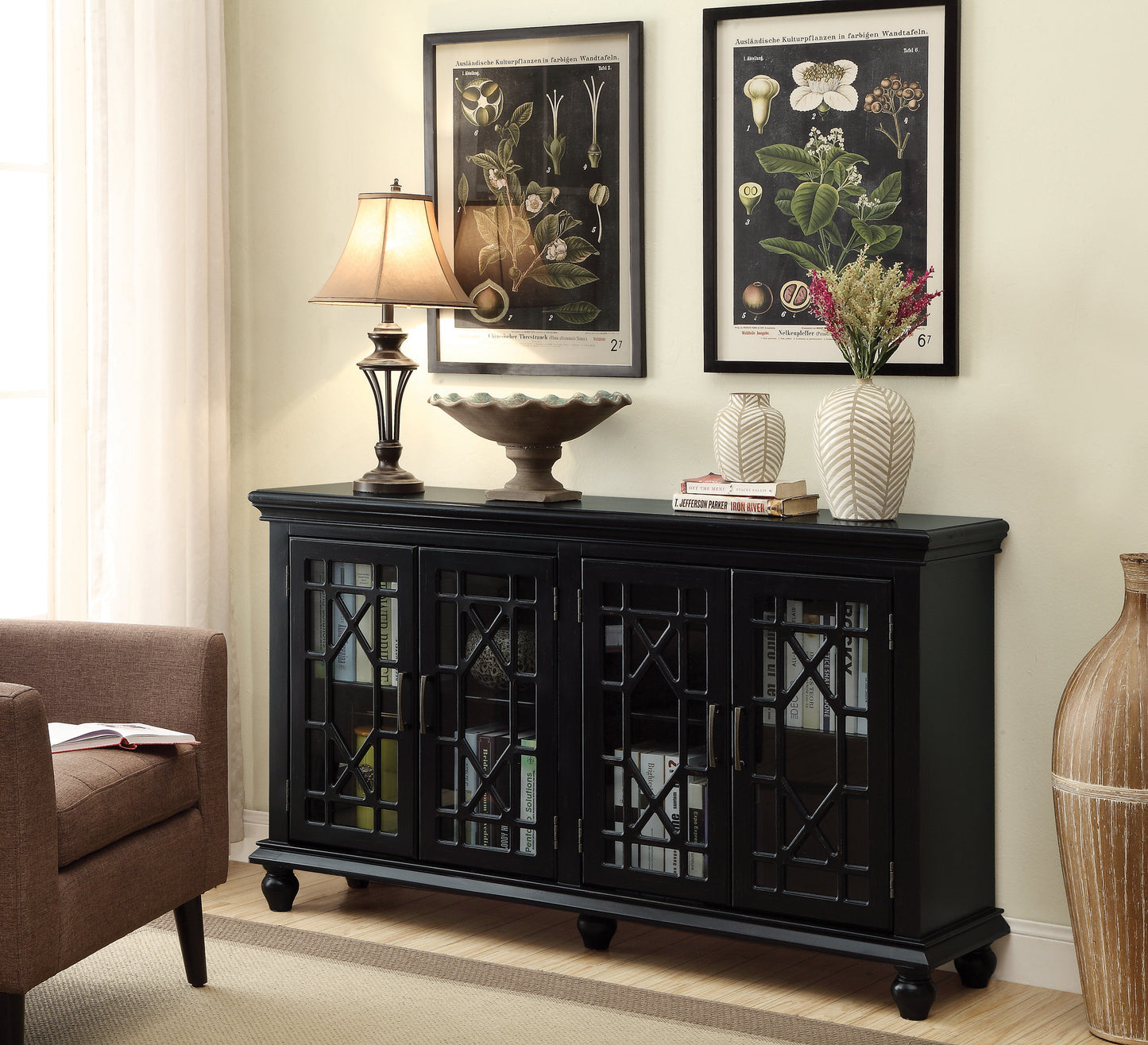 Kovu 4-door Wood Lattice Storage Accent Cabinet Black