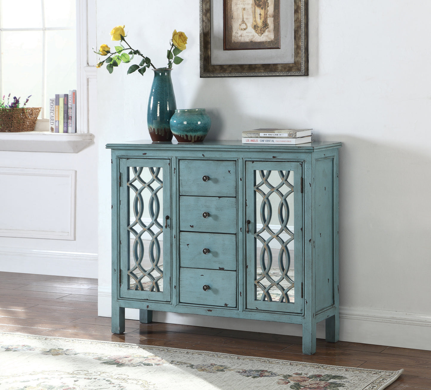Rue 4-drawer Wood Trellis Accent Storage Cabinet Blue