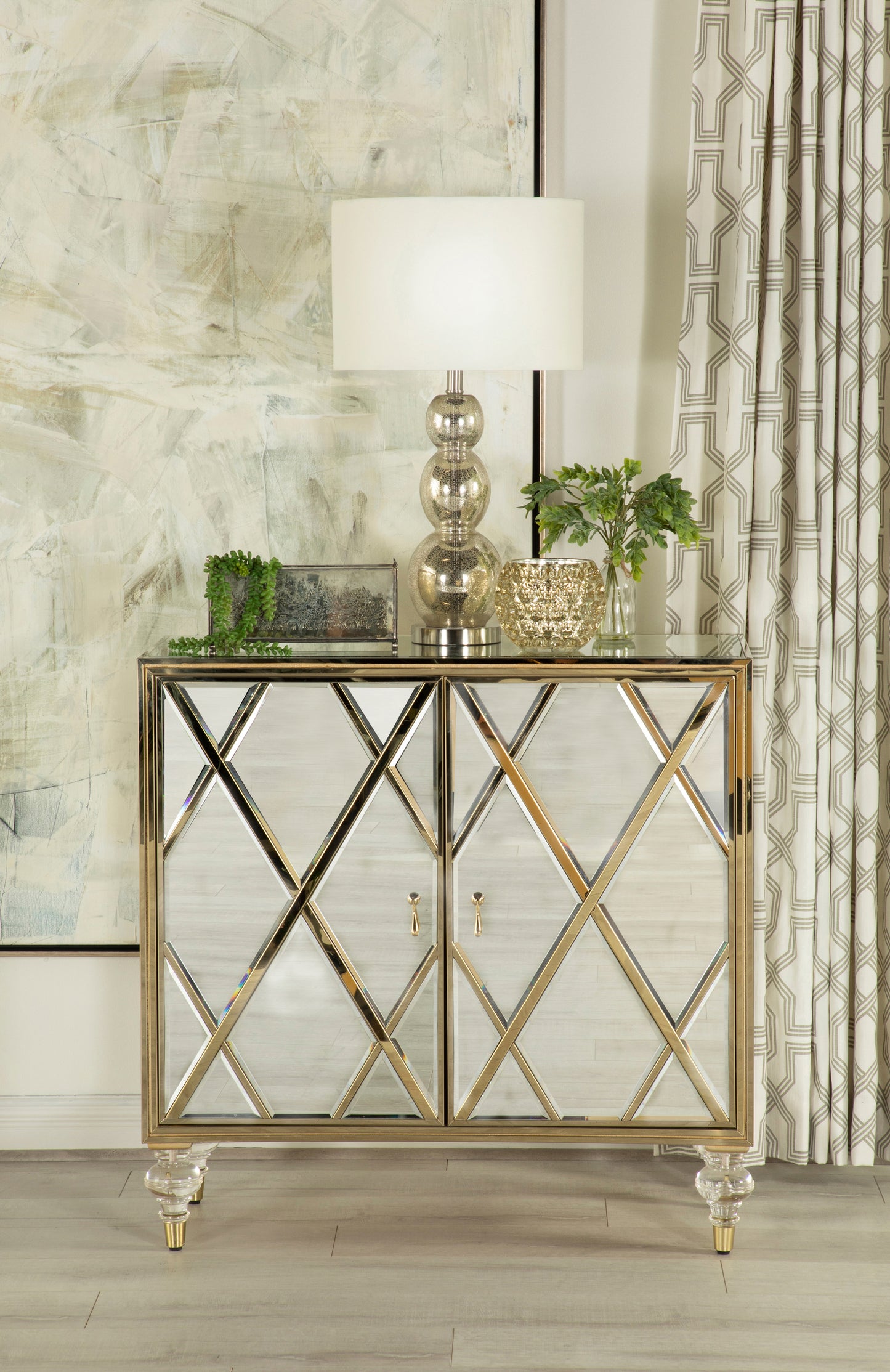 Astilbe 2-door Mirrored Accent Cabinet Silver and Champagne