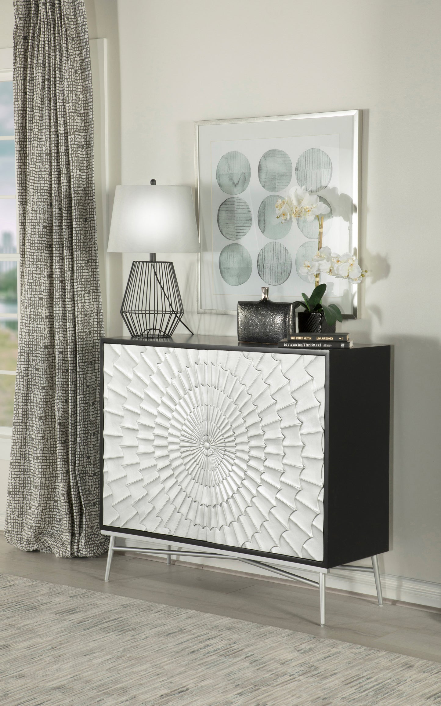 Josie 2-door Wood Sunburst Accent Cabinet Black and Silver