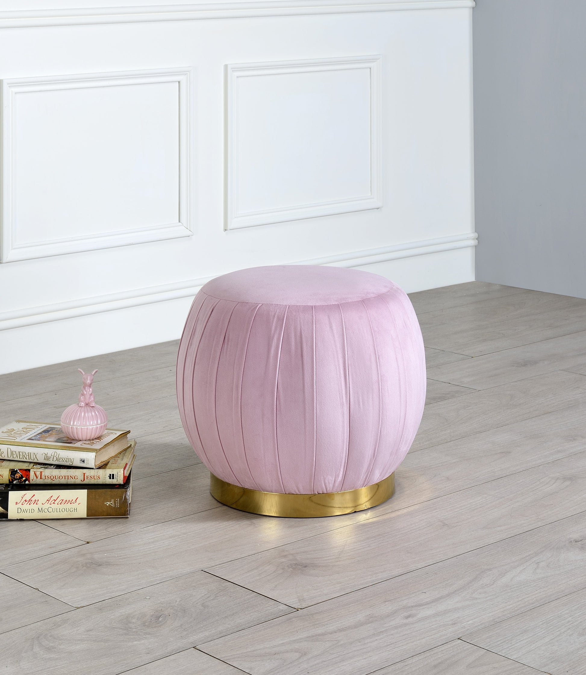 Zinnia Pink Carnation Velvet & Gold Ottoman - ATL FURNITURE