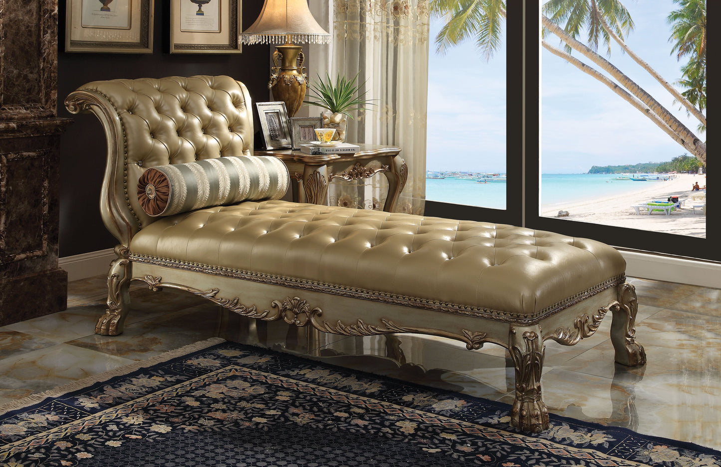 Dresden Bone PU & Gold Patina Chaise & Pillow - ATL FURNITURE