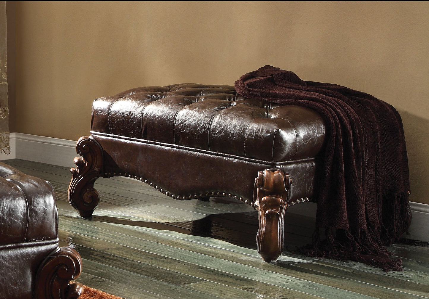 Versailles 2-Tone Dark Brown PU & Cherry Oak Ottoman - ATL FURNITURE