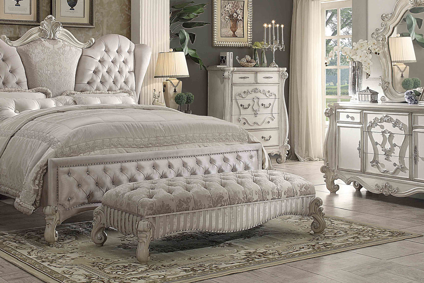 Versailles Ivory Fabric & Bone White Bench - ATL FURNITURE