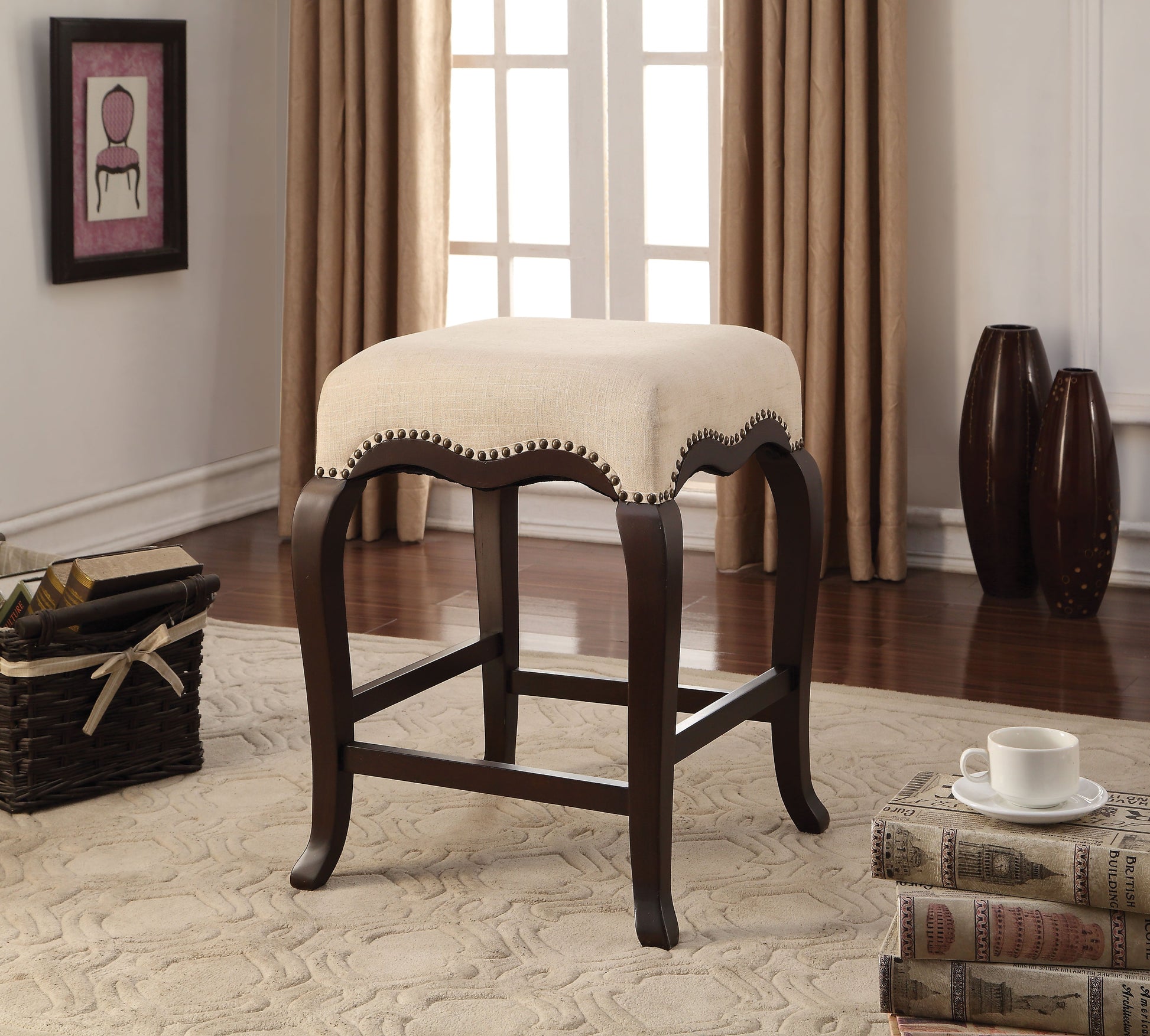 Kakabel Cream Fabric & Espresso Counter Height Stool (1Pc) - ATL FURNITURE