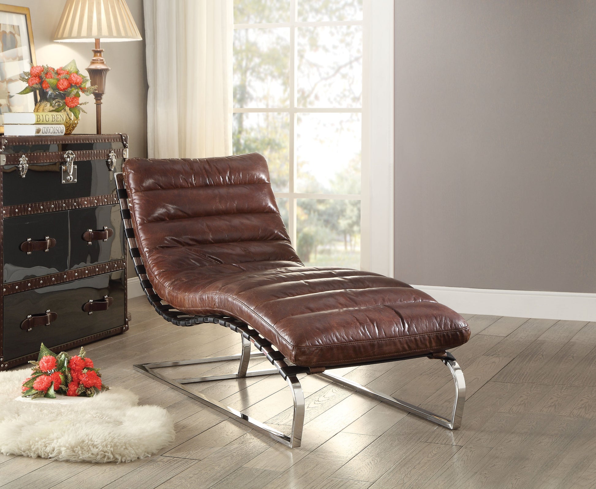 Qortini Vintage Dark Brown Top Grain Leather & Stainless Steel Chaise - ATL FURNITURE