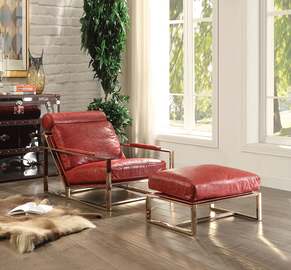 Quinto Antique Red Top Grain Leather & Stainless Steel Accent Chair - ATL FURNITURE