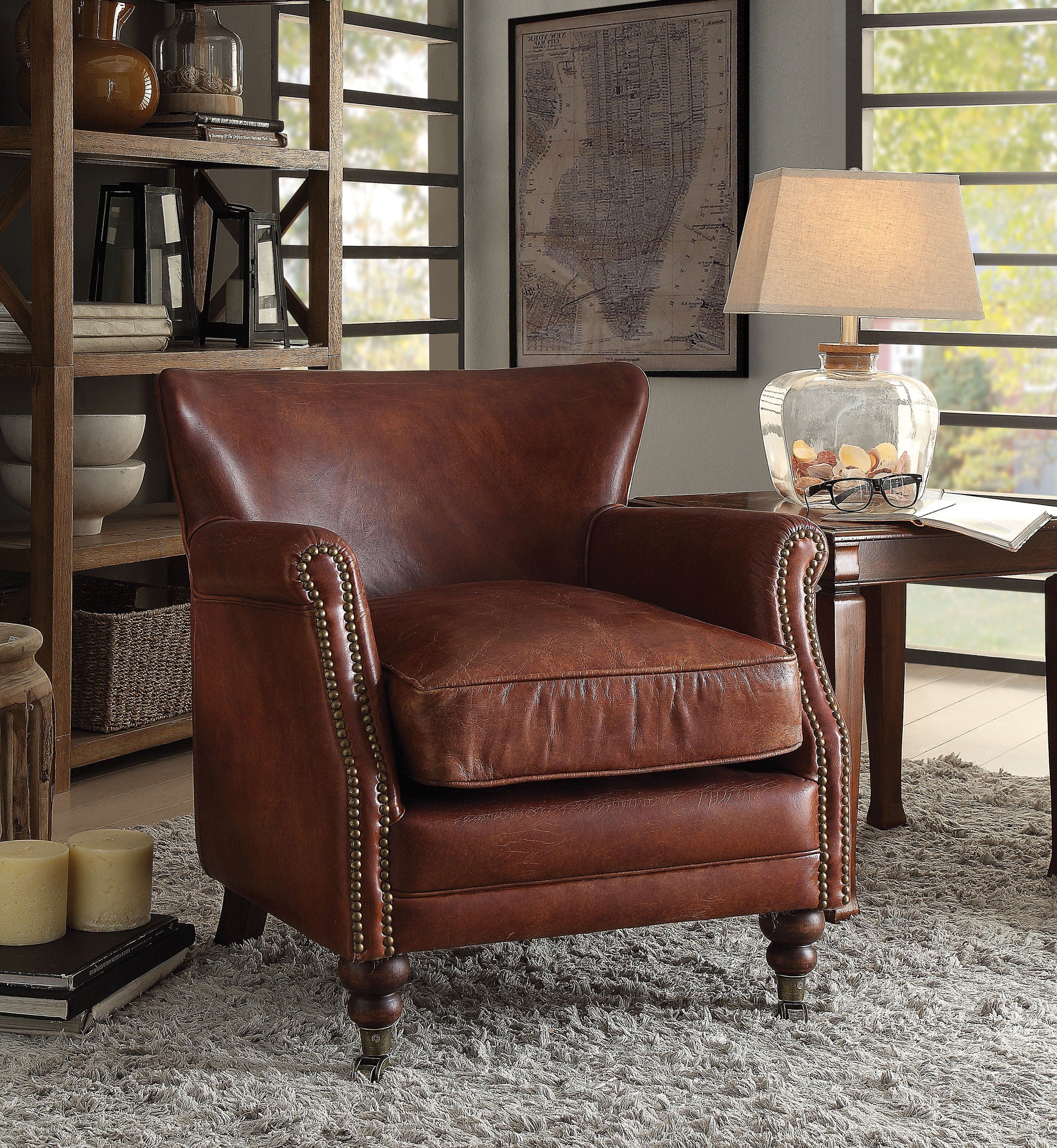 Leeds Vintage Dark Brown Top Grain Leather Accent Chair - ATL FURNITURE