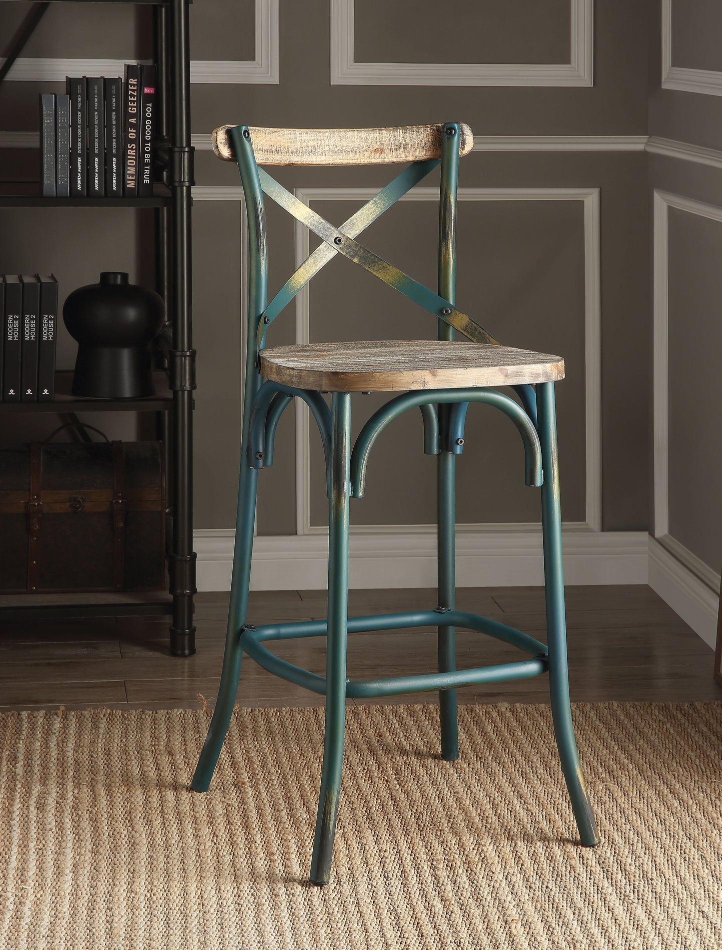 Zaire Antique Turquoise & Antique Oak Bar Chair (1Pc) - ATL FURNITURE