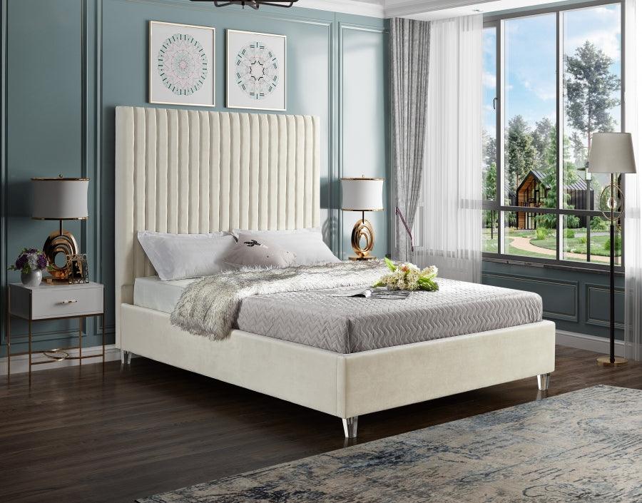 Candace Velvet Queen Bed In Cream - ATL FURNITURE