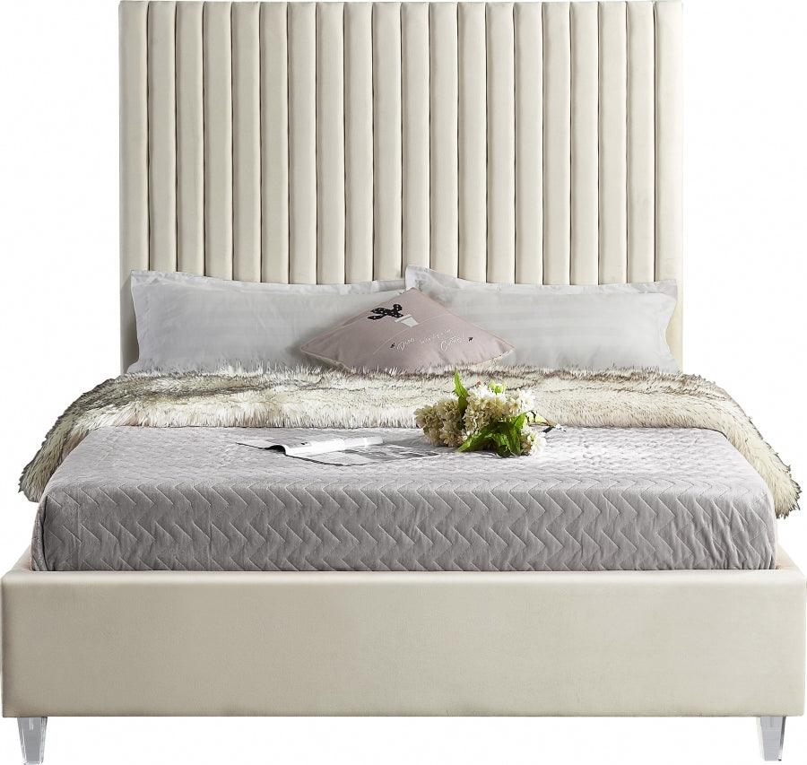 Candace Velvet King Bed In Cream - ATL FURNITURE