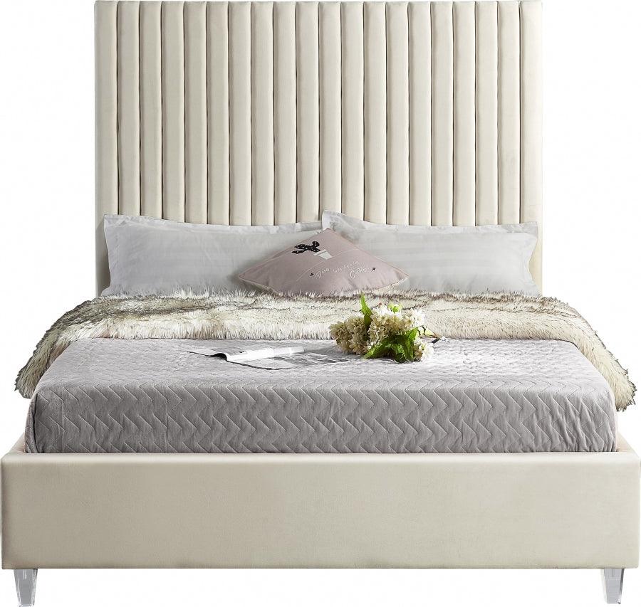 Candace Velvet Queen Bed In Cream - ATL FURNITURE