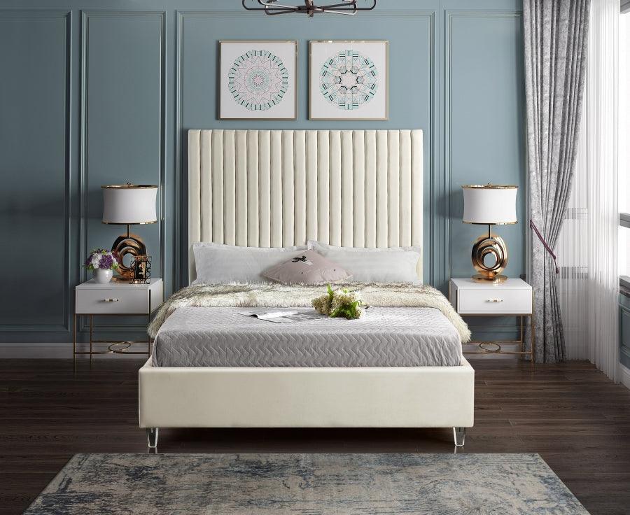 Candace Velvet Queen Bed In Cream - ATL FURNITURE
