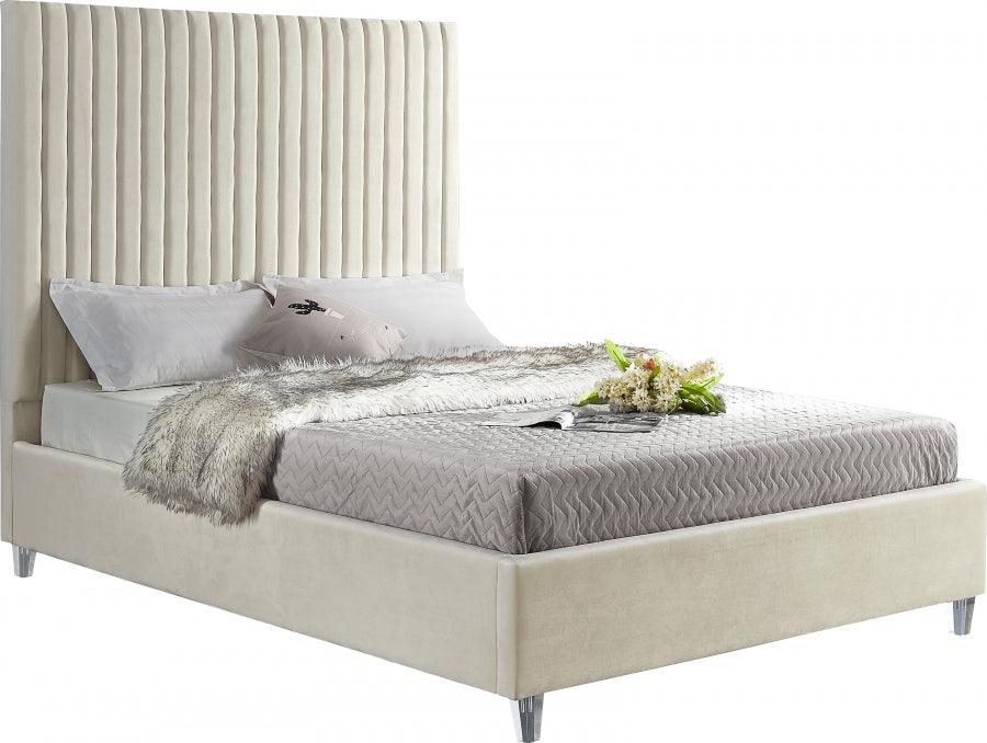 Candace Velvet Queen Bed In Cream - ATL FURNITURE