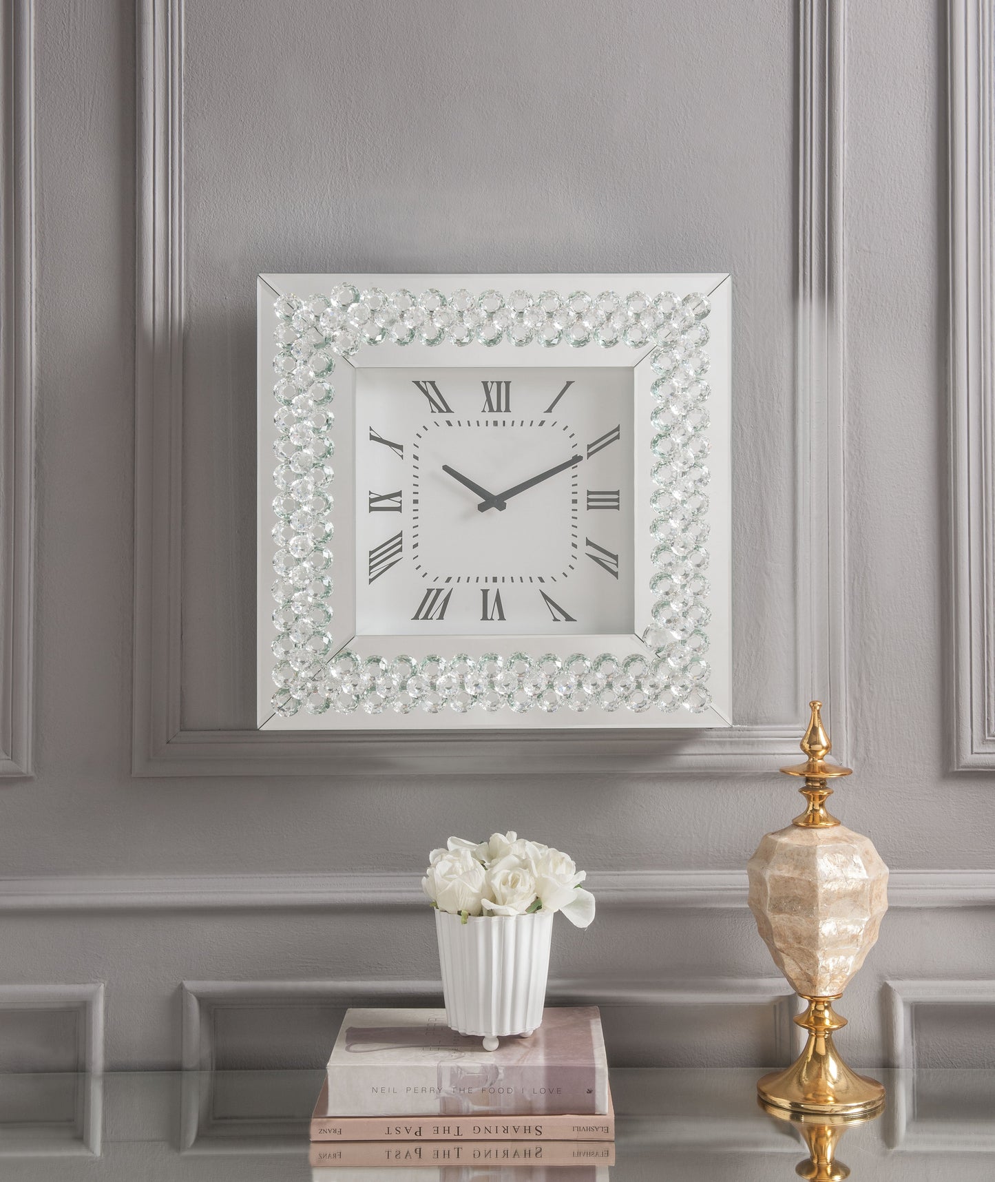 Lotus Mirrored & Faux Crystals Wall Clock - ATL FURNITURE