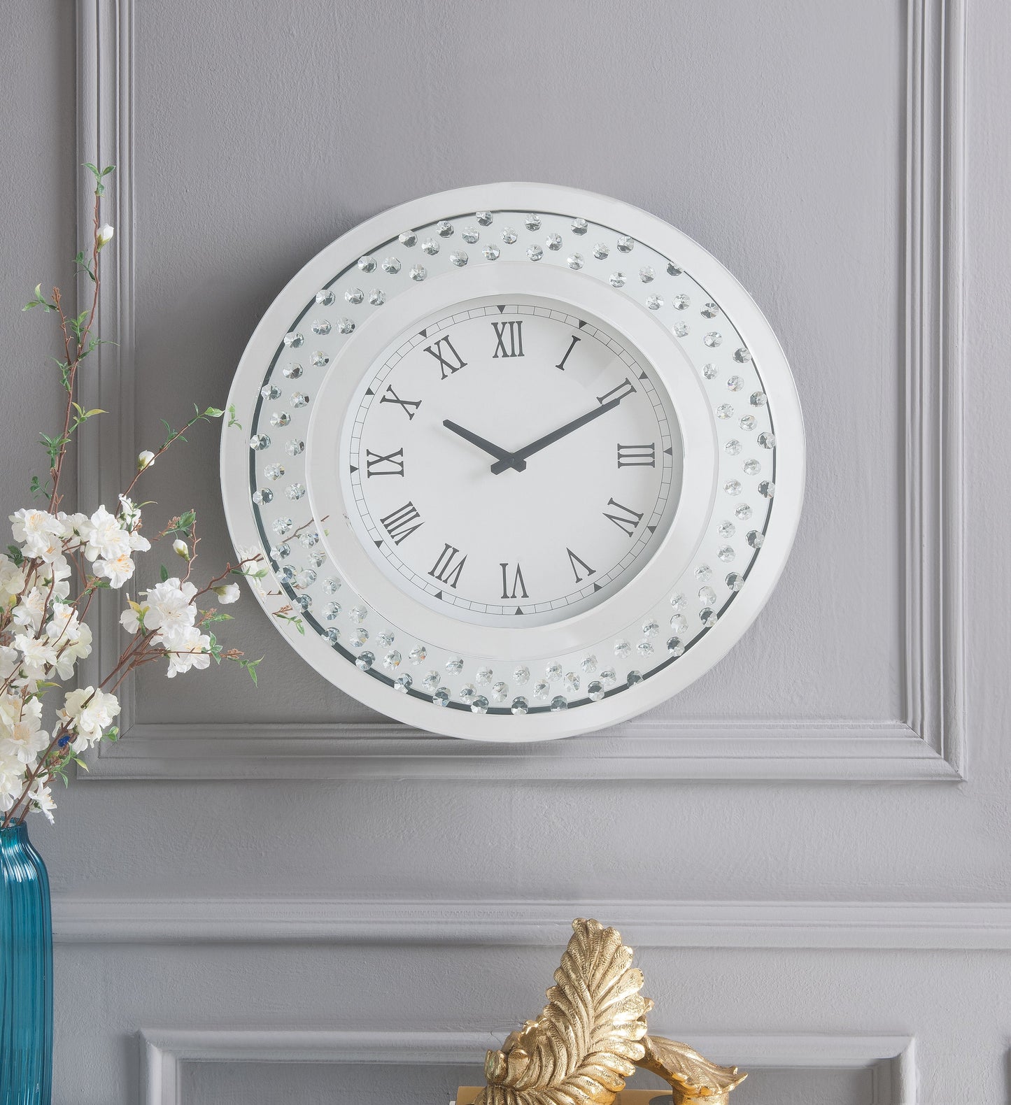 Nysa Mirrored & Faux Crystals Wall Clock - ATL FURNITURE