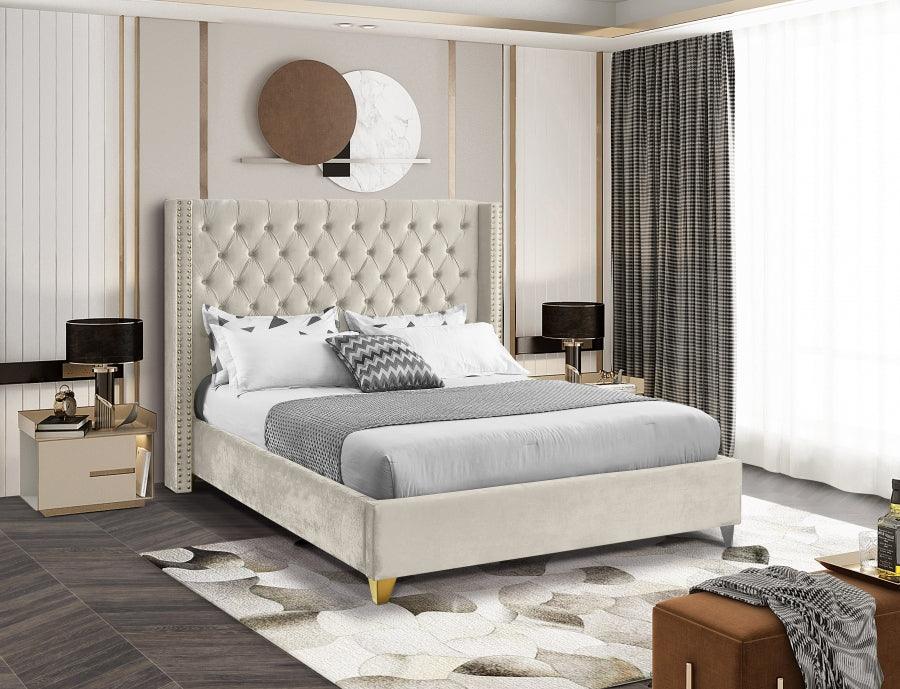 Meridian Furniture - Barolo Velvet Queen Bed In Cream - Barolocream-Q - ATL FURNITURE