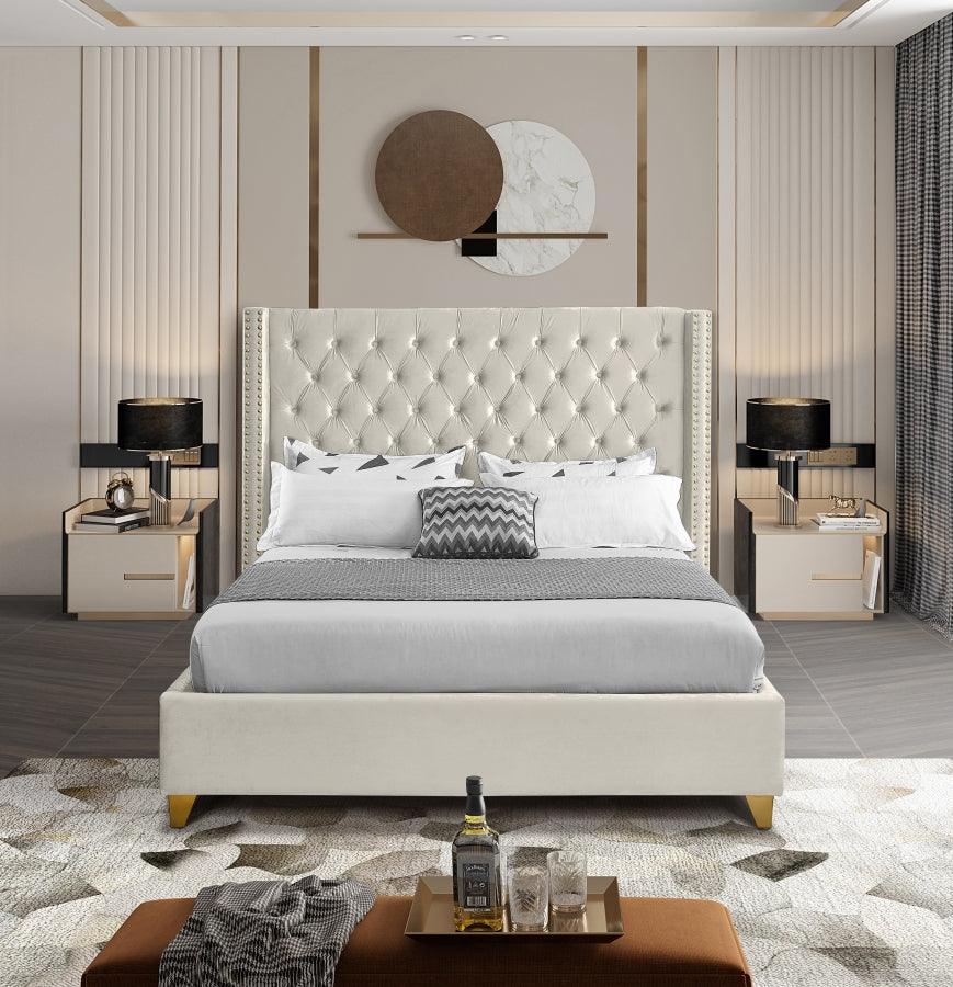 Meridian Furniture - Barolo Velvet Queen Bed In Cream - Barolocream-Q - ATL FURNITURE