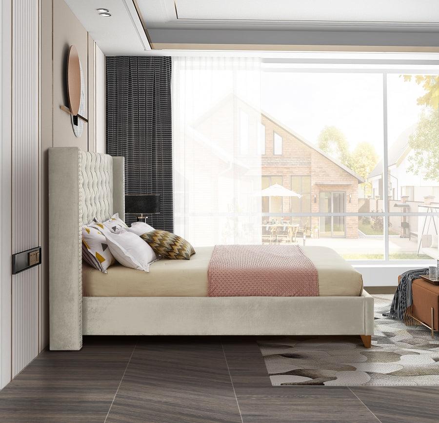 Meridian Furniture - Barolo Velvet Queen Bed In Cream - Barolocream-Q - ATL FURNITURE