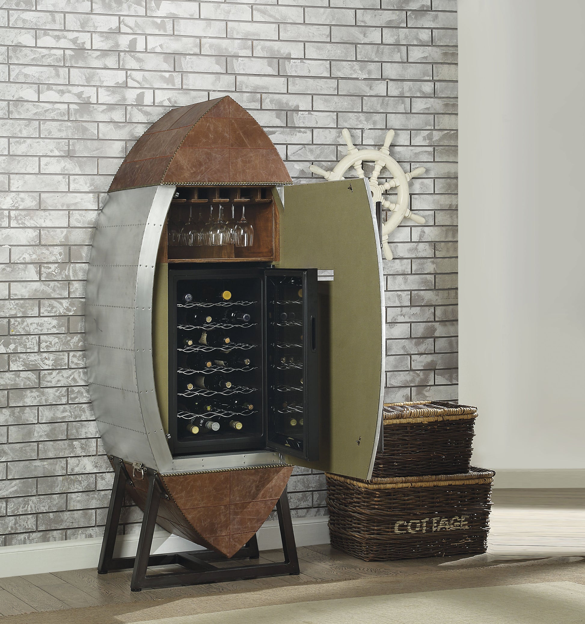 Brancaster Retro Brown Top Grain Leather & Aluminum Wine Cabinet & Cooler - ATL FURNITURE