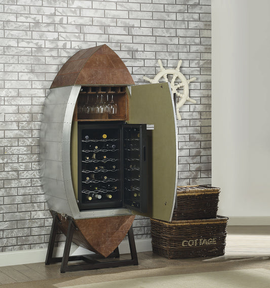 Brancaster Retro Brown Top Grain Leather & Aluminum Wine Cabinet & Cooler - ATL FURNITURE