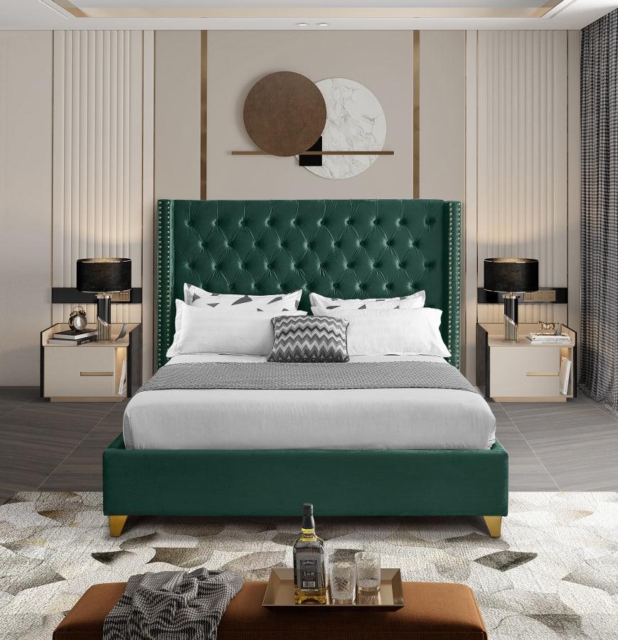 Barolo Velvet King Bed In Green - Barologreen-K - ATL FURNITURE